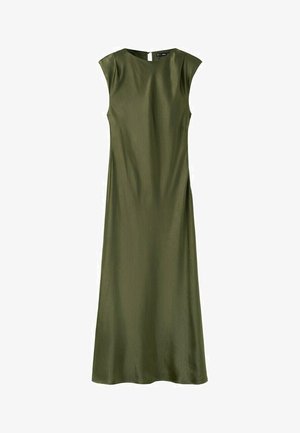 Rochie midi fără mâneci, de culoare verde măsliniu, cu decolteu rotund și talie ajustată, confecționată dintr-un material neted, cu închidere cu nasturi la spate.