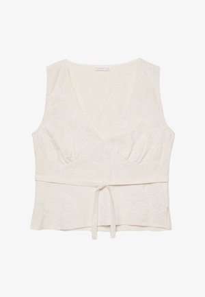 Weißes Leinenoberteil mit V-Ausschnitt, leicht gerafftem Bund und Schleifenfront. Mit zartem floralen Stickereien durchzogen. Ärmelloses Design.