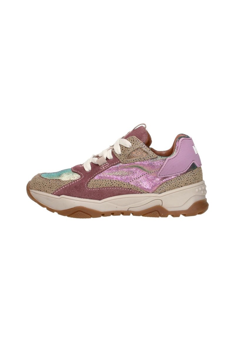 Multicolor sneakers met mesh en suede materialen, met een iriserend ontwerp in roze en paars, witte veters en een gumrubberen zool.