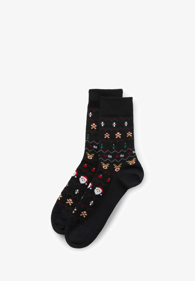 Black socks featuring a festive pattern with snowmen, Santa, gingerbread men, and Christmas trees in red, green, and white colors.