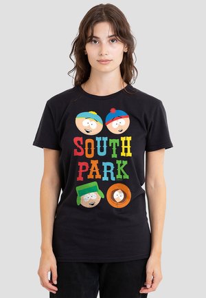 Black cotton T-shirt featuring colorful graphic print of cartoon characters and the text "SOUTH PARK" in bold letters. Short sleeves.