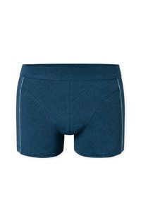 Mörkblå bomullskalsonger med en åtsittande design, som har en slät midjeresår och kontrasterande vit kant längs sidorna.