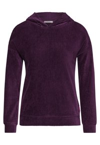Felpa in corduroy viola con finitura testurizzata, maniche lunghe e orlo a coste. Presenta un cappuccio e un'etichetta rosa a contrasto sul lato.