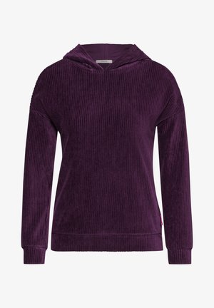 Paarse ribfluwelen hoodie met een gestructureerde afwerking, lange mouwen en een geribde rand. Bevat een capuchon en een contrasterend roze label aan de zijkant.