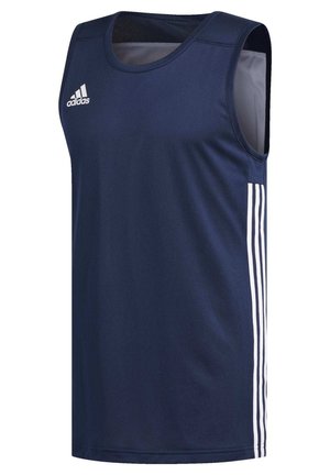 Dunkelblaues Sporttanktop aus atmungsaktivem Material. Mit Rundhalsausschnitt, Netzpaneelen und drei weißen Streifen an den Seiten.