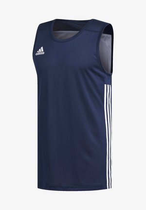 Dunkelblaues Sporttanktop aus atmungsaktivem Material. Mit Rundhalsausschnitt, Netzpaneelen und drei weißen Streifen an den Seiten.