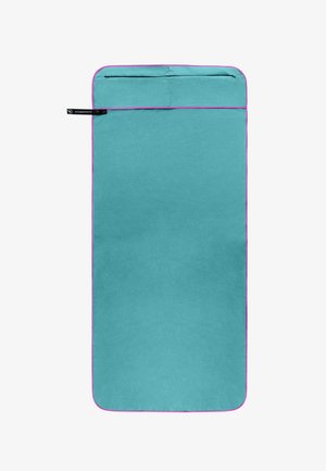 Turquoise fabric pouch with a pink border, featuring a top flap closure, rectangular shape, and smooth texture. Ideal for storage.