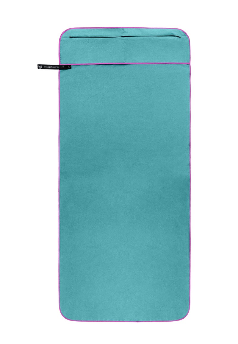 Turquoise fabric pouch with a pink border, featuring a top flap closure, rectangular shape, and smooth texture. Ideal for storage.