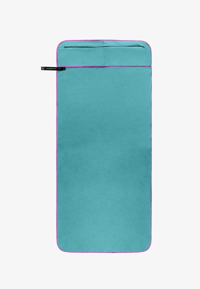 Turquoise fabric pouch with a pink border, featuring a top flap closure, rectangular shape, and smooth texture. Ideal for storage.
