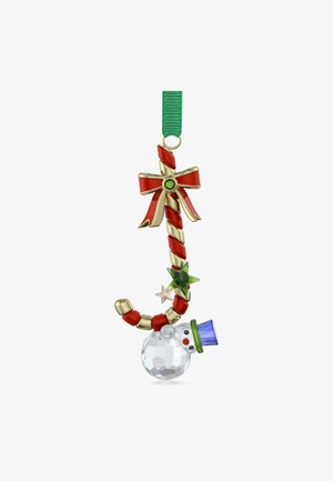 Ozdoba świąteczna w kształcie laski cukrowej, z czerwono-złotymi paskami, zieloną kokardą i kryształowym bałwankiem z niebieskim kapeluszem.