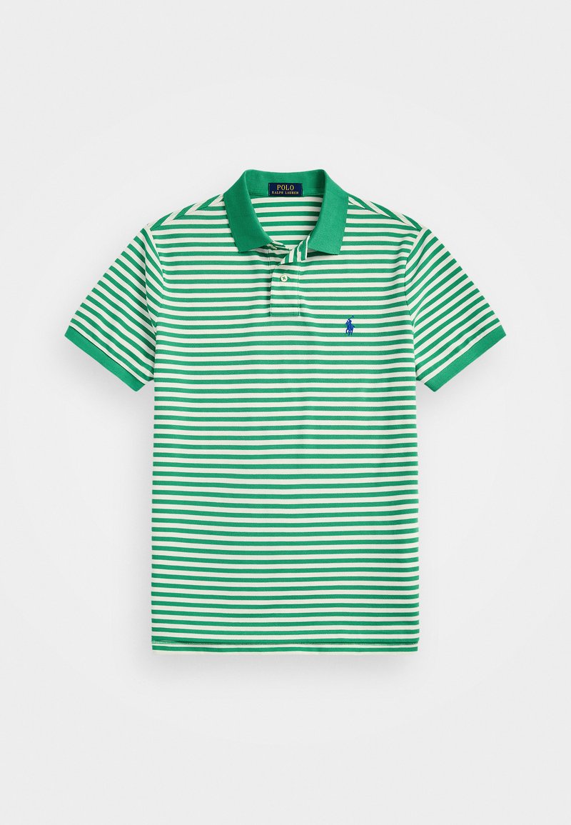 Zaļu un baltu svītru polo krekls, izgatavots no kokvilnas, ar apkakli un zilu izšūtu logo uz krūtīm. Īsas piedurknes.