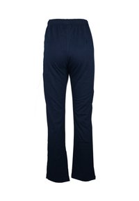 Mörkblå bomullsbyxor med elastisk midja, med en lös passform och vida ben, designade för komfort och rörelsefrihet.