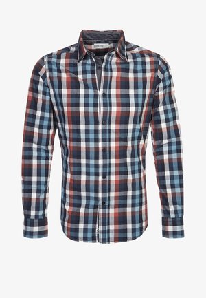 Camisa de hombre de manga larga con botones, con un patrón de cuadros en azul, blanco, rojo y negro y cuello puntiagudo.