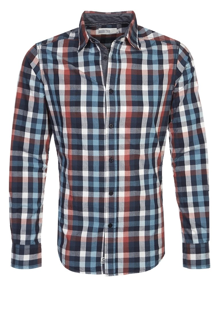 Chemise homme à manches longues boutonnée avec un motif à carreaux bleu, blanc, rouge et noir et un col pointu.
