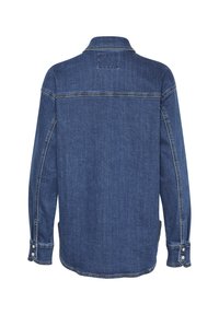 Tumesinine denim särk, pika varrukaga, krae ja nupuga mansetid. Tagaküljel ja külgš seamide juures on nähtav õmblus.
