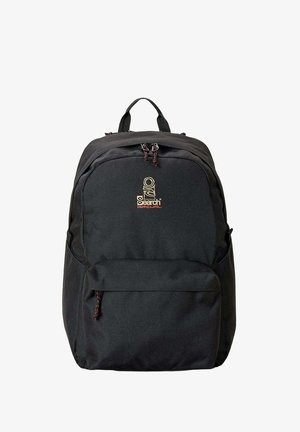 Zaino nero con cerniera, tasca frontale e logo ricamato "Search Rip Curl", dotato di maniglia superiore e tiretti in tessuto per la cerniera.