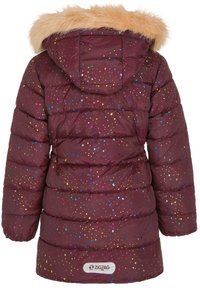 Bordo puffjakke med hette foret med kunstig pels, med flerfargede rutemønstre og en "ZIGZAG"-logo på kanten.