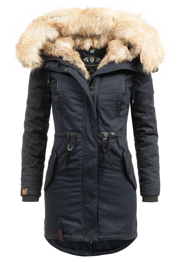 Navy parka with faux fur hood, multiple pockets, front zipper, and drawstring accents. Made from textured, durable fabric for warmth.