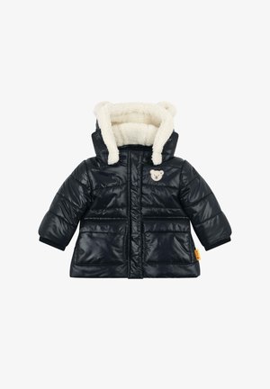 Zwarte pufferjack met een zachte witte fleece voering en capuchon. Voorzien van een berenpatch, twee voorzakken en geribbelde manchetten voor extra warmte.