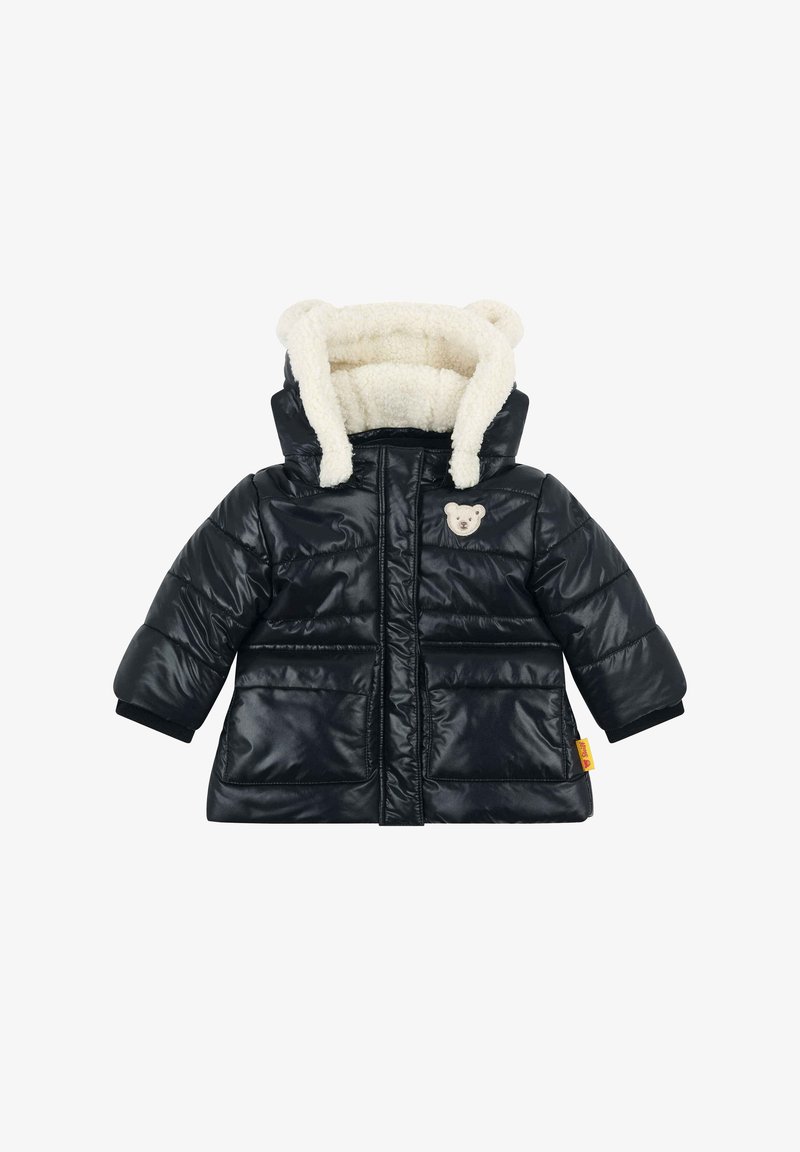 Veste doudoune noire avec un doux revêtement en polaire blanche et une capuche. Équipée d'un patch d'ours, de deux poches avant et de poignets côtelés pour plus de chaleur.