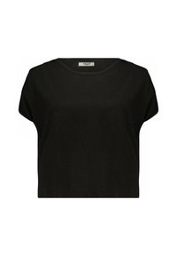 Zwarte cropped t-shirt van gestructureerde stof, met een ronde halslijn en korte, losse mouwen. Eenvoudig ontwerp zonder patronen of accenten.