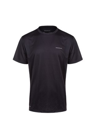 Schwarzes, kurzärmliges Sportshirt aus feuchtigkeitsableitendem Material. Mit Rundhalsausschnitt und subtiler Logo-Platzierung auf der Brust. Glatte Textur.