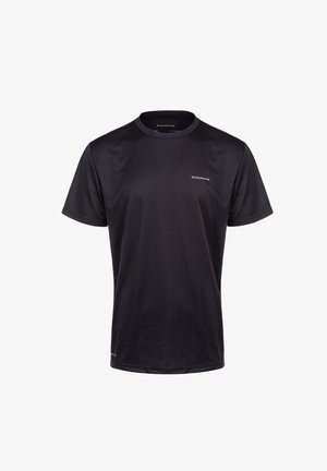 T-shirt de sport noir à manches courtes en matériau évacuant l'humidité. Il présente un col rond et un logo subtil sur la poitrine. Texture lisse.