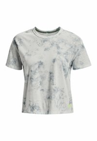 Camiseta de manga corta gris tie-dye con cuello redondo clásico, textura suave y un pequeño logotipo verde en el dobladillo.