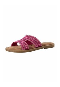Pantofole rosa con perline e fascette incrociate, con suola piatta color cammello, dotate di una soletta testurizzata e superficie inferiore liscia.