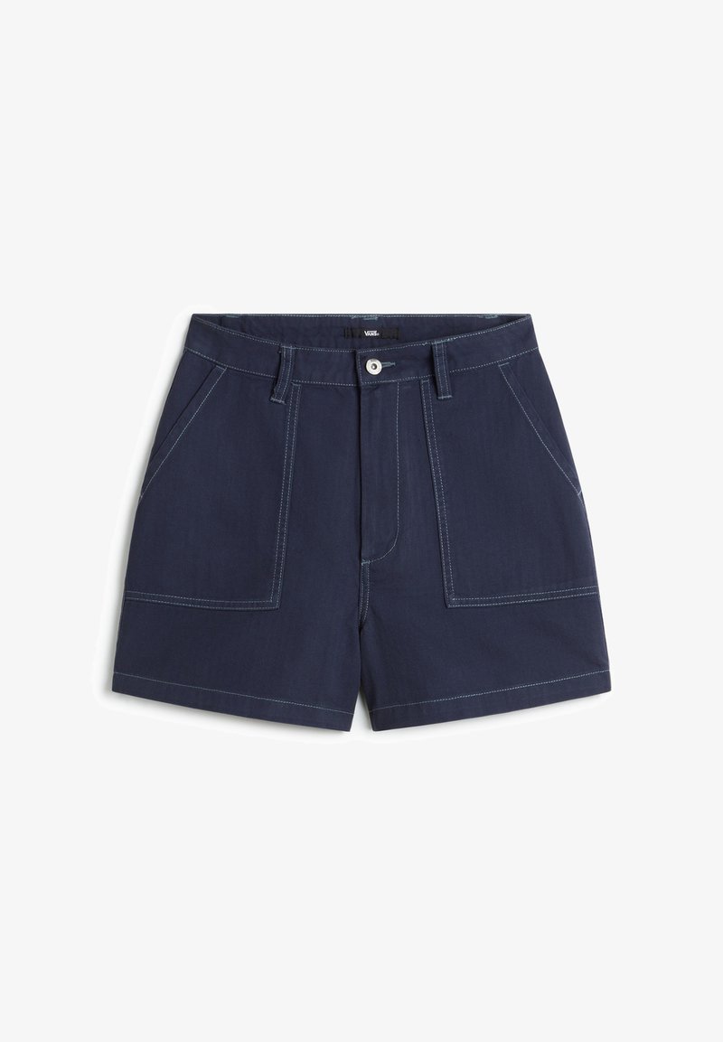 Navyblauwe short met een vlakke voorkant, twee voorzakken en contrasterende witte stiksels. Gemaakt van lichtgewicht stof, met een knoopsluiting.