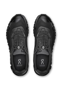 Schwarze wasserdichte Sportschuhe mit robustem Design, strukturiertem Stoff und sicherem Schnürsystem. Verfügen über ein Logo und eine gepolsterte Einlegesohle.