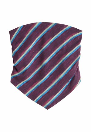 Stribet stofmaske med diagonale striber i burgundy, blå, lyseblå og beige, foldet fladt mod en hvid baggrund.