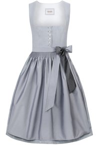 Hellgraues Dirndlkleid mit tailliertem Oberteil, Knopfdetails und einem satinierten Taillengürtel, der mit einer dunkelgrauen Schleife gebunden ist. Voluminöser, geraffter Rock.