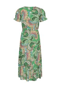 Green dress featuring a paisley pattern in multiple colors, short ruffle sleeves, fitted waist, and a tiered hem.