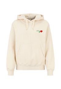 Beige Hoodie mit Kängurutasche, Kapuze mit Kordelzug und gesticktem roten Blumenakzent. Weicher Stoff, gerippte Bündchen und Saum.