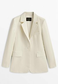 Beiger Blazer aus strukturierter Stoff, mit gekerbtem Revers, Ein-Knopf-Verschluss und zwei Fronttaschen. Schlichtes und gestaltetes Design.