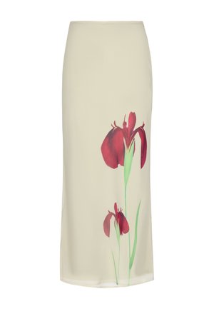 Gonna midi beige con due grandi fiori di iris rossi e steli verdi stampati vicino all'orlo sul lato destro.