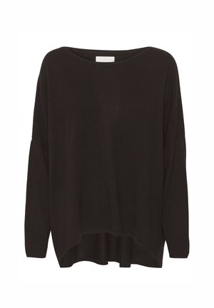 Čierny pletený sveter s širokým výstrihom, dlhými rukávmi a asymetrickým lemom. Tkanina vyzerá mäkko a je mierne textúrovaná.