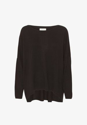 Pull en tricot noir avec un décolleté large, des manches longues et un ourlet asymétrique. Le tissu semble doux et légèrement texturé.