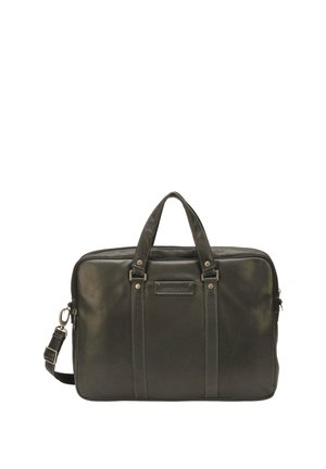 Mallette en cuir noir avec double poignées, bandoulière ajustable et fermeture éclair, conçue pour un usage professionnel.