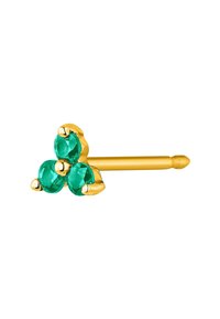 Pendiente de oro en forma de tuerca con tres piedras verdes en un diseño en racimo, textura suave con acentos puntiagudos y un vástago recto.