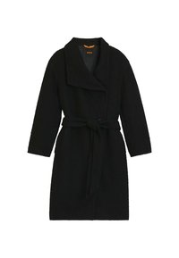 Czarny płaszcz z wełny z szerokim kołnierzem, kieszeniami z przodu i paskiem do zawiązywania; posiada fakturowaną powierzchnię i długie rękawy.