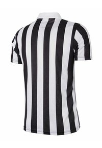 Zwart-wit gestreepte polo shirt met een kraag, korte mouwen en een subtiele ruitpatroon textuur op de stof.