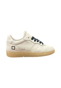 Sneaker in pelle bianca con punta arrotondata, perforazioni e lacci grigi. Presenta una suola traslucida in gomma e un accento quadrato nero sul lato.