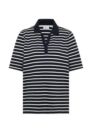 Koszulka polo z krótkim rękawem, poziome paski w kolorze granatowym i białym, z otwartym dekoltem w kształcie litery V i jednokolorowym granatowym kołnierzem.