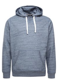 Hooded sweatshirt in a heathered blue fabric, featuring a front pocket, white drawstrings, and ribbed cuffs and hem.