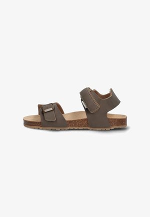 Brown leather sandals featuring two adjustable straps with a buckle and Velcro, cork footbed, and rubber sole.