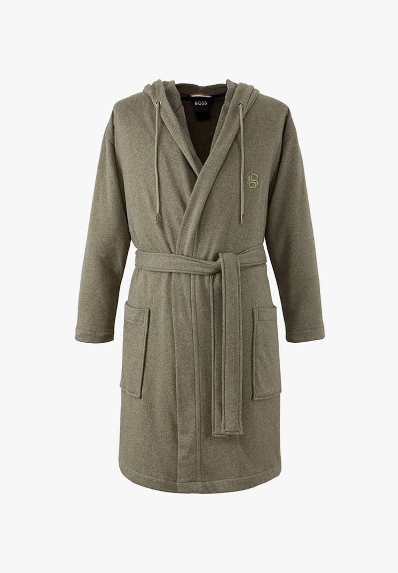 Peignoir à capuche vert olive avec manches longues, poches avant, ceinture à la taille et cordons de serrage, fabriqué en tissu polaire doux.