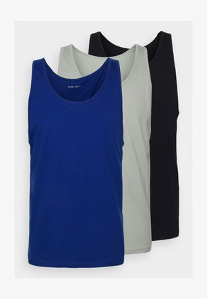 Three tank tops: blue, light gray, and black. Made of smooth cotton with round necklines. Simple design and uniform fabric texture.