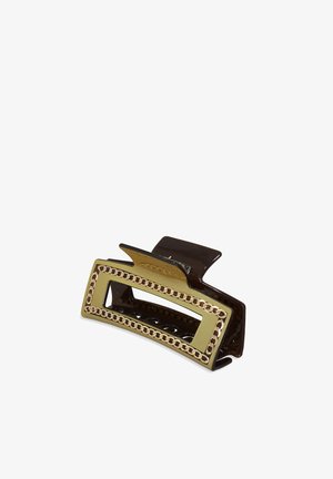 Mollette per capelli in plastica marrone con design rettangolare, presenta un accento dorato e un motivo a catena lungo i bordi. Maniglie per una presa sicura.